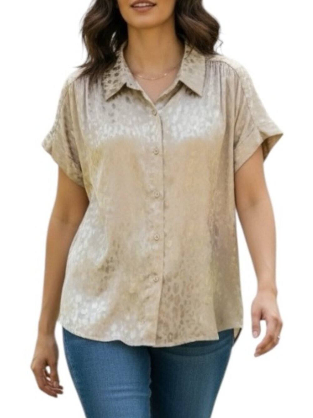 Calvin Klein Women 3X Gold Leopard Print Satin Button Up Blouse Shirt Plus Size
